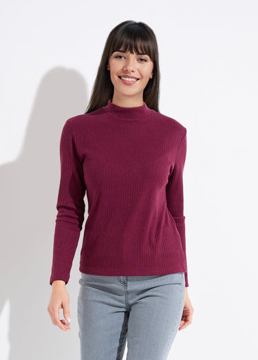 T-shirt col montant maille côtelée manches longues Bordeaux