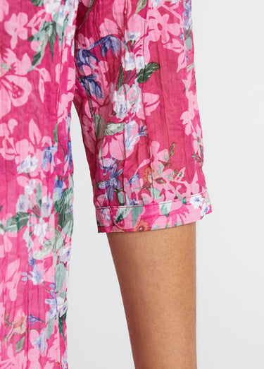 Tunique ample manches 3/4 fleurie Fond Fuchsia