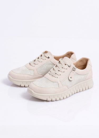Baskets bi-matière lacées et zippées largeur confort Beige