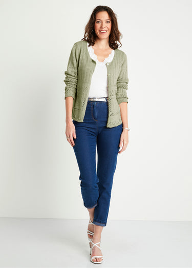 Gilet boléro court boutonné ajouré Kaki