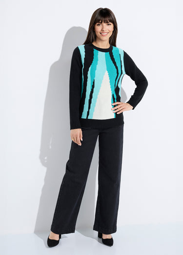 Pull chaud col rond jacquard graphique Noir/Aqua