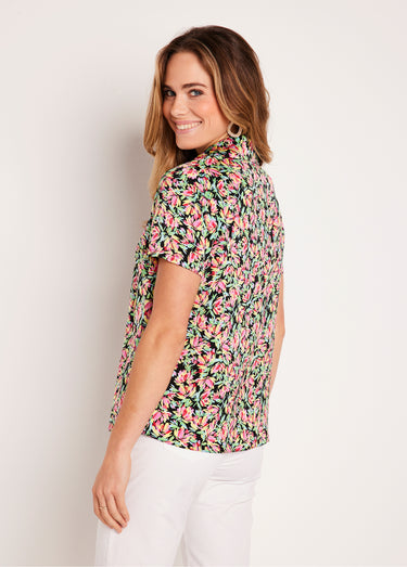 Chemisier manches courtes satin fleuri Vert/Rose
