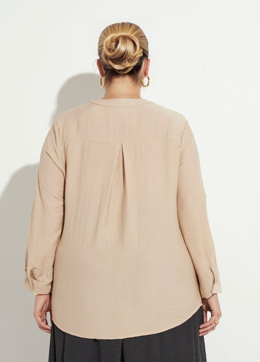 Blouse col V unie à manches longues Beige