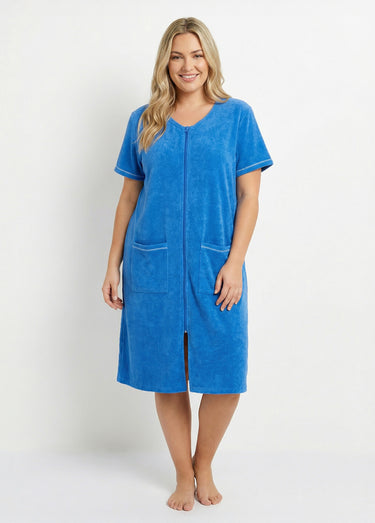 Peignoir de bain éponge coton uni zippé Bleu