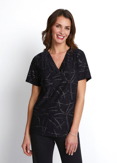 T-shirt court col croisé brillant Noir