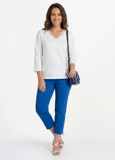 T-shirt manches 3/4 coton et macramé Blanc