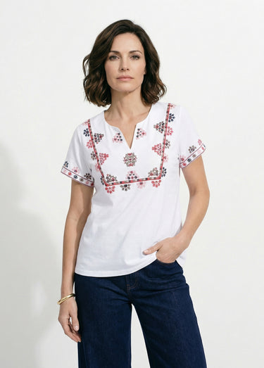T-shirt manches courtes plastron brodé Blanc