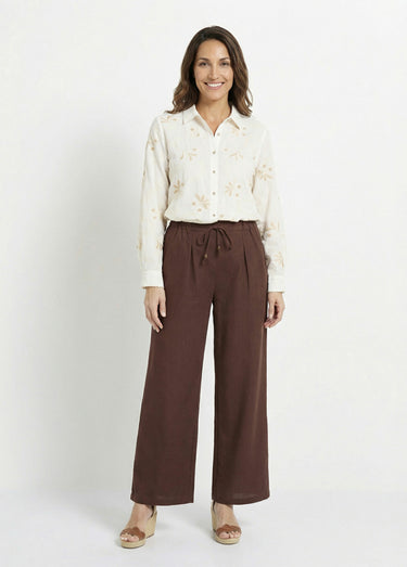 Pantalon large avec lin, style ethnique Chocolat