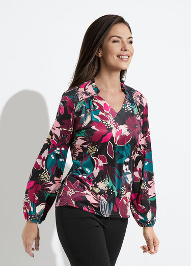 T-shirt col montant imprimé fleurs Imprime Fuchsia