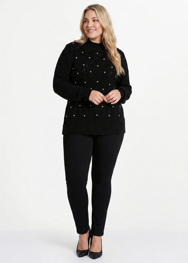 Pull doux ajouré perlé col montant Noir