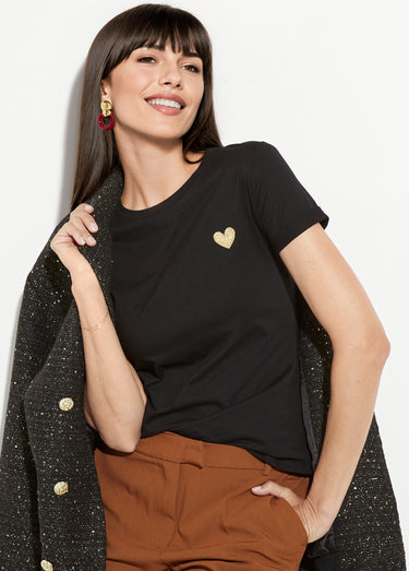 T-shirt col rond broderie coeur poitrine Noir