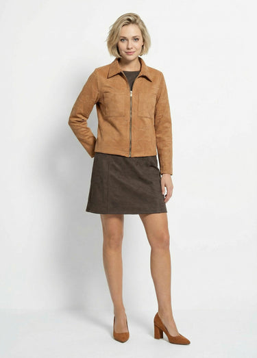 Veste zippée style motard, simili cuir Camel
