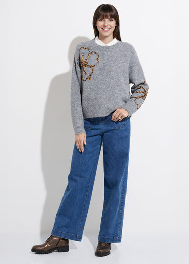 Pull chaud laine, applications fleurs Gris