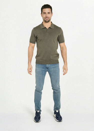 Pull fin piqué manches courtes, col polo Kaki