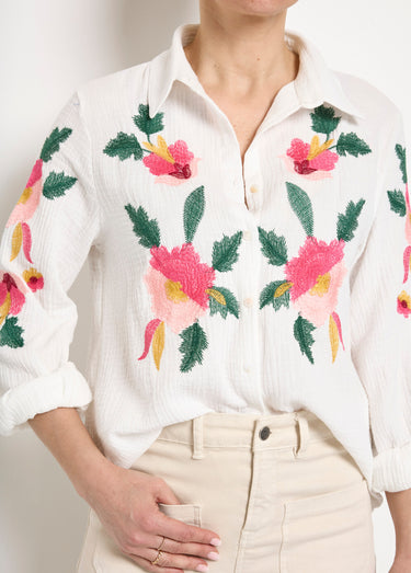 Chemisier gaze de coton broderies fleurs Blanc