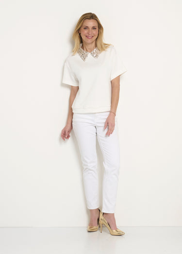 Blouse col pailleté sequins manches courtes Blanc