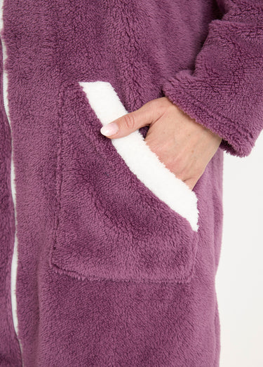 Peignoir court zippé col montant maille peluche Prune