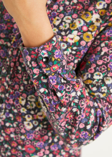 Chemisier boutonné long fleuri maille chaude Noir/Rose