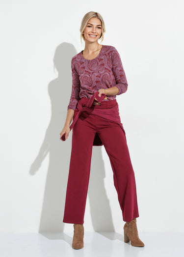 T-shirt jacquard fleuri col rond Bordeaux/Rose