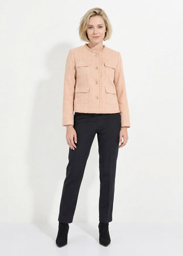 Veste tweed boutonnée frangée sans col Amande