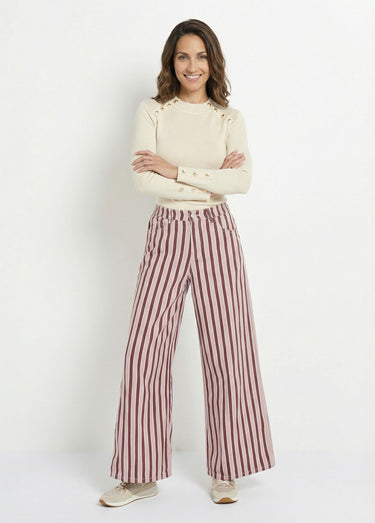 Pantalon très large, denim rayé fantaisie Bordeaux/Rose