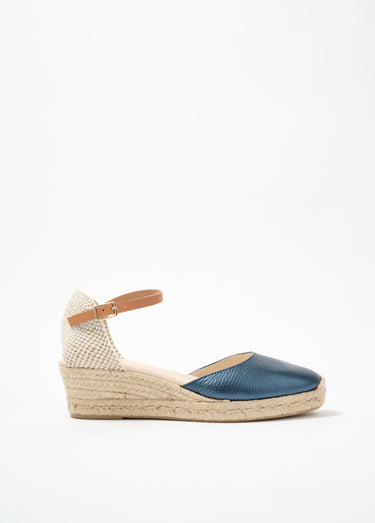 Sandales compensées cuir et jute talon enrobé Marine
