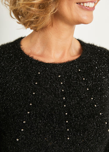 Pull doux maille poilue col rond perlé ajouré Noir