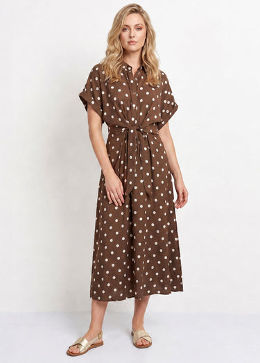 Robe longue à pois, manches courtes Chocolat/écru