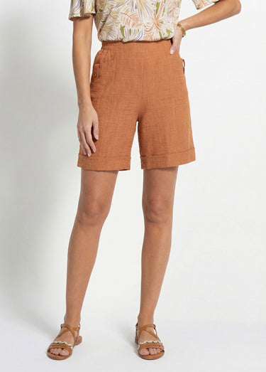 Bermuda tissu gaufré uni taille 3/4 élastiquée Camel