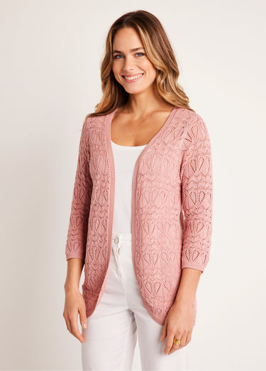Gilet long ajouré coton manches 3/4 Rose Poudre