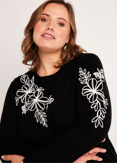 Pull fin brodé Noir / Blanc
