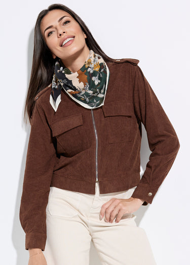 Blouson zippé court velours grosses cotes Marron