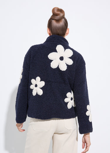 Blouson col montant motif grosses fleurs Marine
