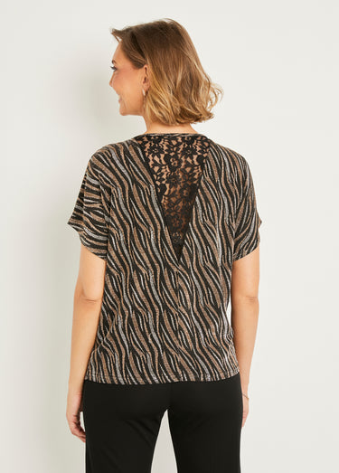 T-shirt court maille brillante jacquard dentelle Noir/Cuivre