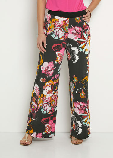 Pantalon large en stretch imprimé fleuri Noir Imprime
