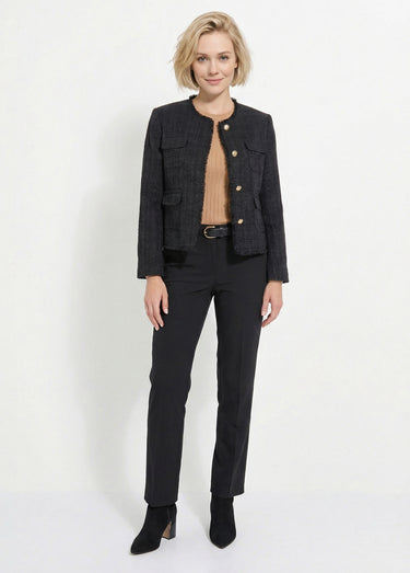 Veste tweed boutonnée frangée sans col Noir