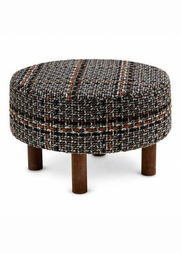 Pouf rond dessus façon tweed FALKIRK Noir/Blanc/Brun