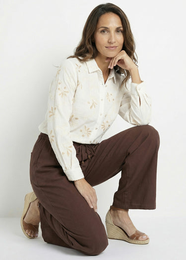 Pantalon large avec lin, style ethnique Chocolat