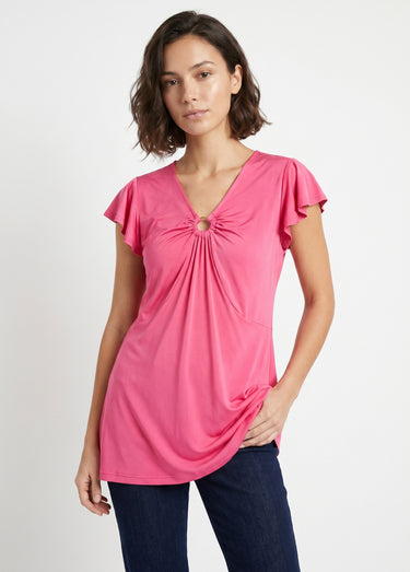 T-shirt long évasé col V drapé Uni Fuchsia