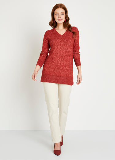 Pull tunique chiné long col V avec laine Brique