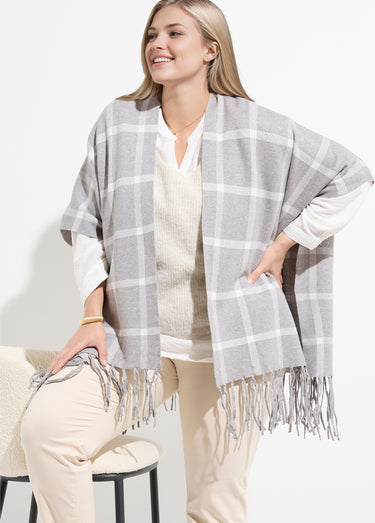 Poncho cape en maille, motif carreaux Carreaux Gris