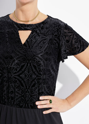 Robe droite chic velours devoré et maille Noir