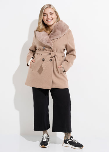 Manteau toucher laineux col fourrure Beige