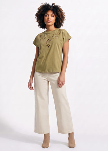 T-shirt coton encolure broderie anglaise Kaki