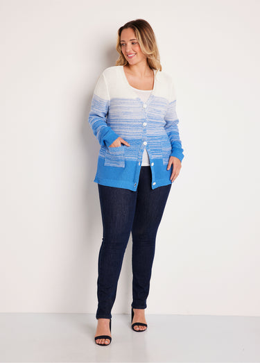 Gilet long col V boutonné coton Blanc/Bleu