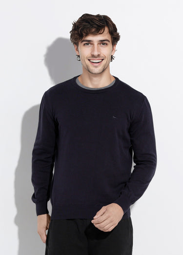 Pull fin coton, col rond manches longues Bleu Marine