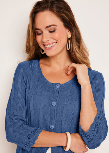 Cardigan boutonnée long ajouré Bleu