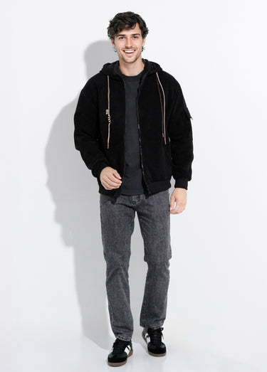 Blouson en velours milleraies à capuche Noir