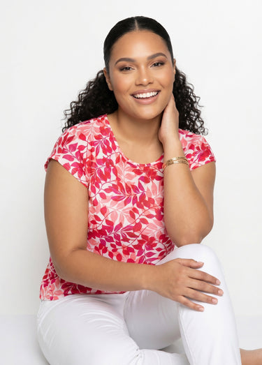 T-shirt manches courtes imprimé feuillage col rond Rouge/Rose