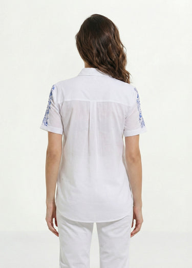 Chemisier long coton brodé manches courtes Blanc/bleu dur